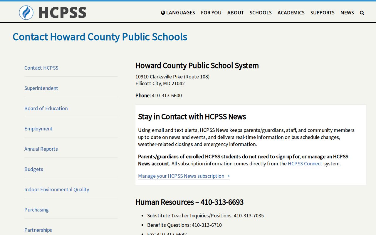Howard County people directories on the public school system contact page
