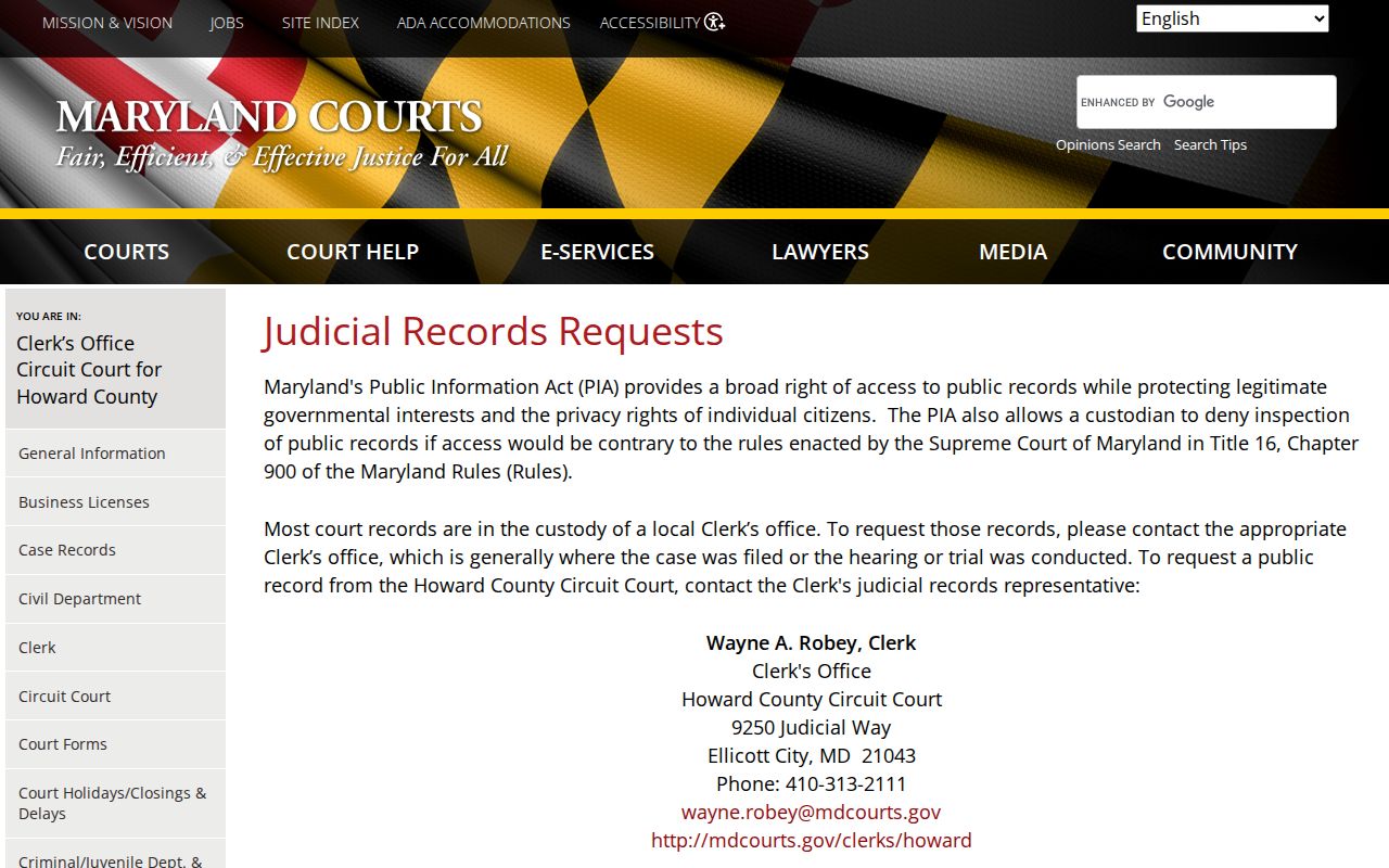 Howard County public records judicial request contacts
