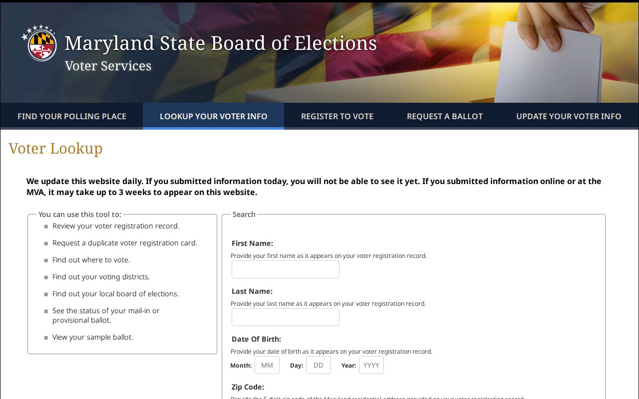 Howard County voter registration records lookup on Maryland voter services